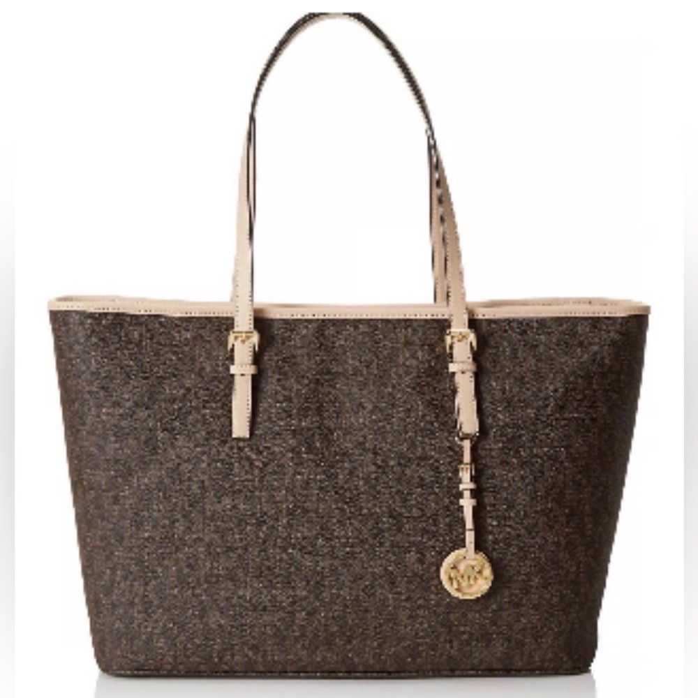 Michael Kors Brown and Beige Logo Tote with MK Charm